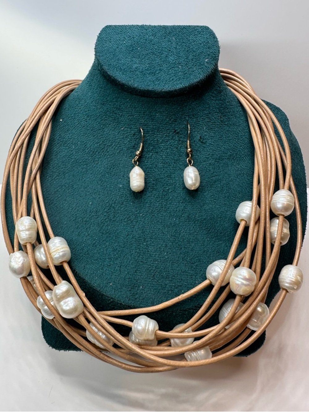 Genuine Pearls And Leather Multi Strand Bib Necklace With Pearl Earrings